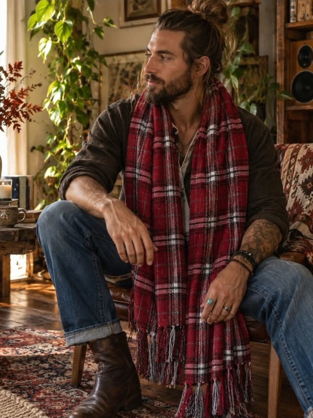 Men’s Red Plaid Scarf | Grunge Western Boho 90s Fall Neo Nostalgia